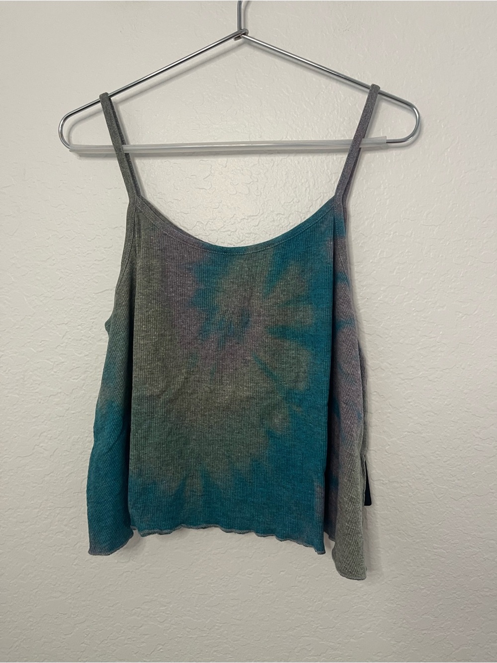Chaser Teal and Gray Tie-Dye Ribbed Spaghetti Strap Tank